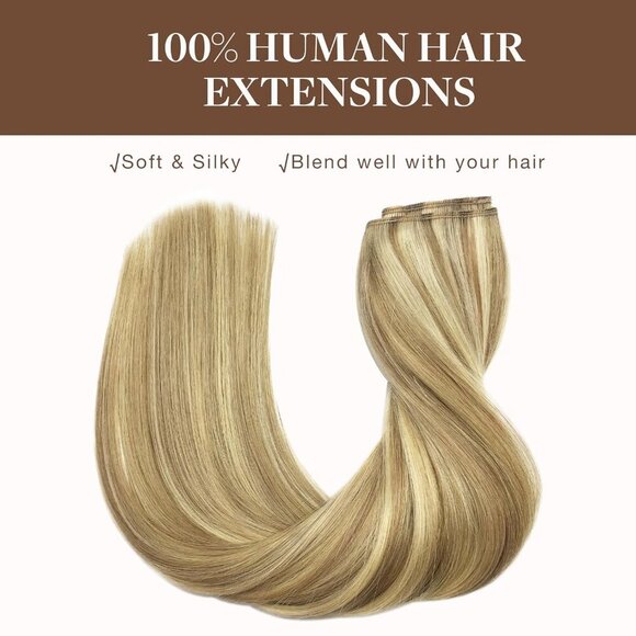 Wire Hair Extensions Human Hair, 16/22 Light Blondewith mix Golden Blonde Highli - Picture 8 of 8